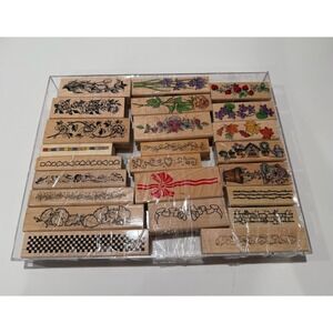 Vintage Wood Mounted Rubber Stamp Lot 24pc Floral Borders Stamps In Motion 1996